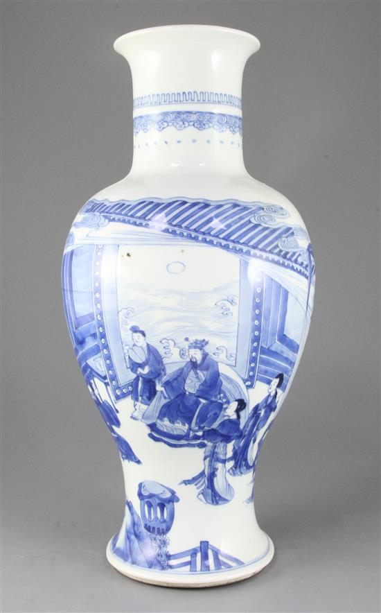 A large Chinese blue and white baluster vase, Kangxi period, height 43.5cm, chip to rim ground off
